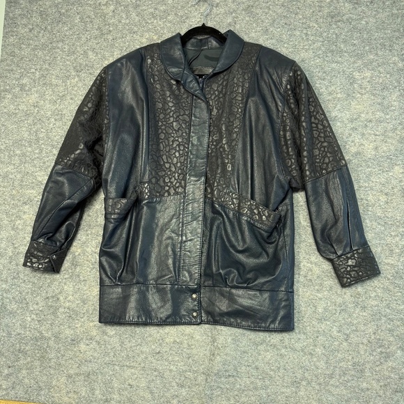 Vtg Oscar Leopold Deep Navy Animal Print Panels Retro Genuine Leather Jacket P/S - Picture 7 of 11